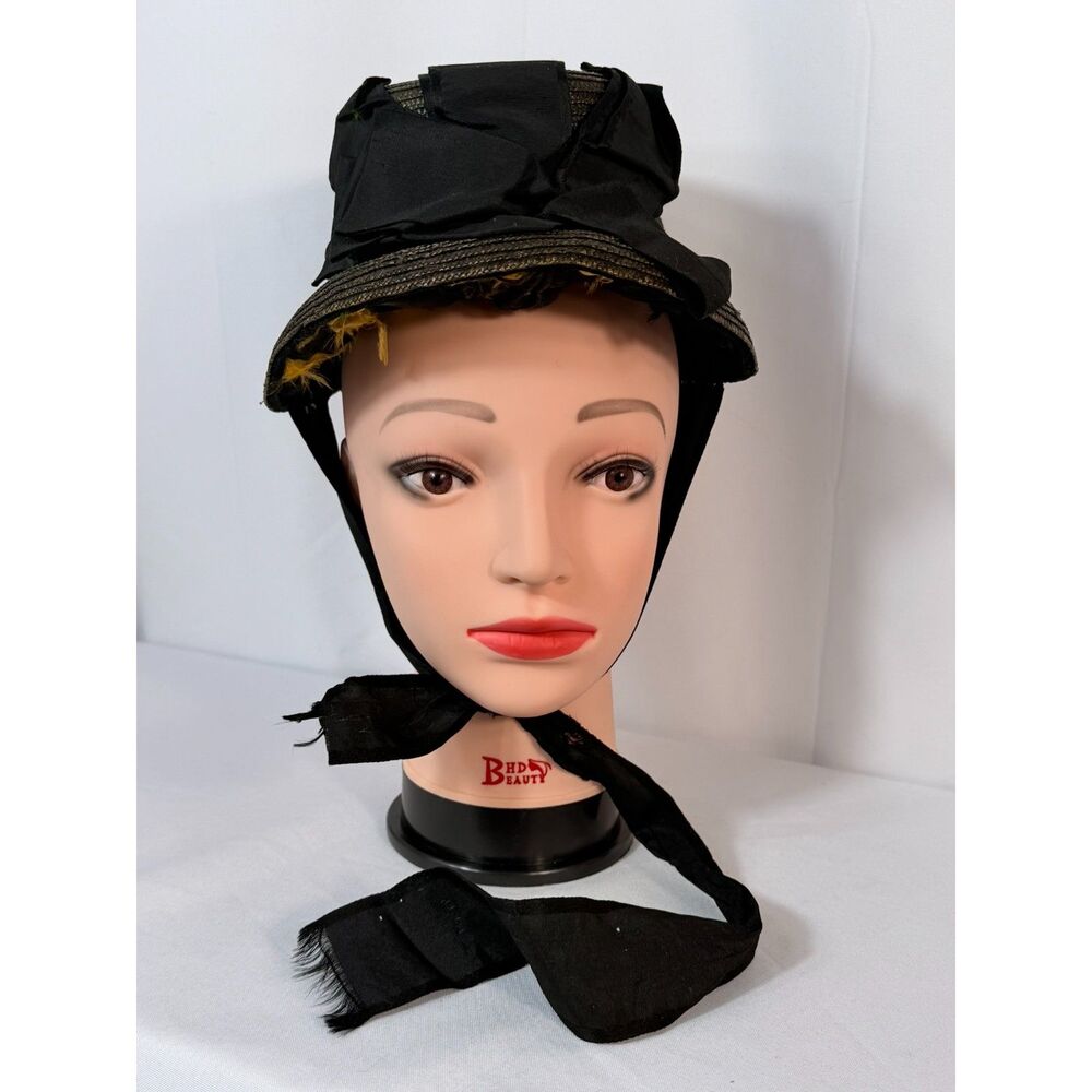 Antique Victorian Black Mourning Bonnet Black Straw Ribbon Tie READ Buckle
